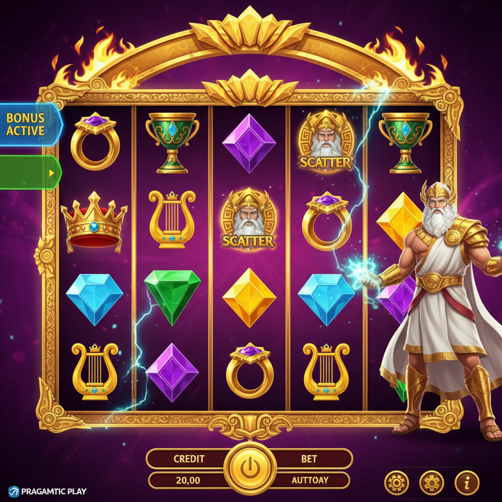 Gates of Olympus 6x5 reel grid layout showing golden frames with the symbols pay anywhere banner at the top and Zeus figure on the right side