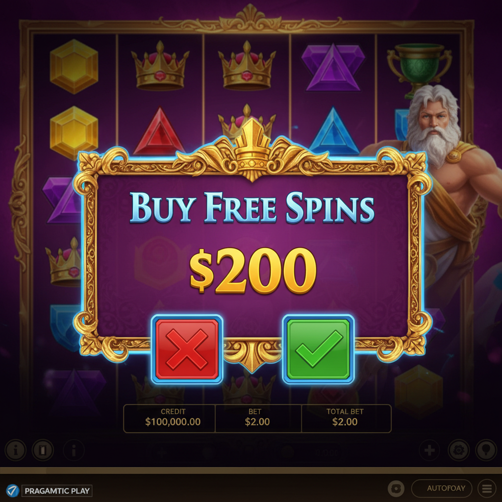 Gates of Olympus Buy Free Spins confirmation dialog showing the cost of $200 in large gold text within an ornate golden frame, with red cancel and green confirm buttons