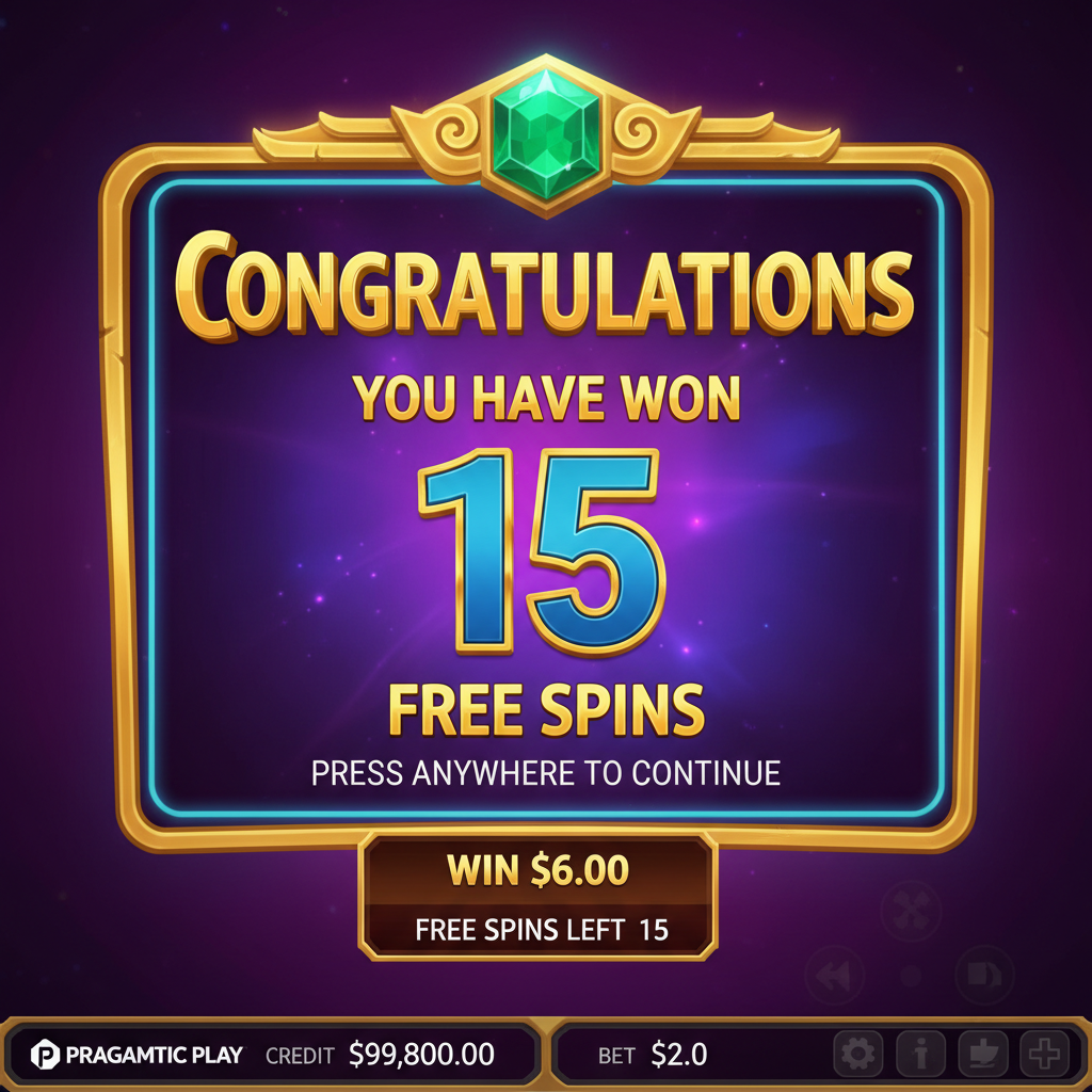 Gates of Olympus Free Spins award screen showing the Congratulations message with the number 15 in large blue dimensional text and FREE SPINS label on purple and blue gradient background