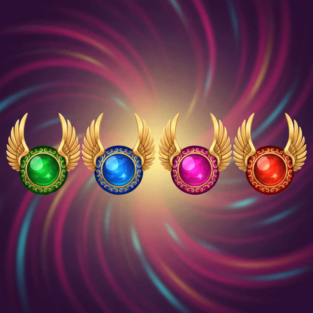 All four Gates of Olympus multiplier orb symbols side by side: green orb, blue orb, magenta orb, and red-orange orb, each with golden wings on the sides
