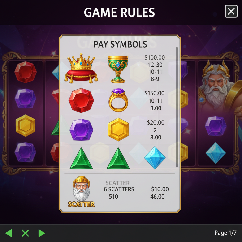 Gates of Olympus paytable page 1 showing all nine pay symbols including the golden crown, green chalice, purple ring, blue lyre and gemstone symbols with their payout values