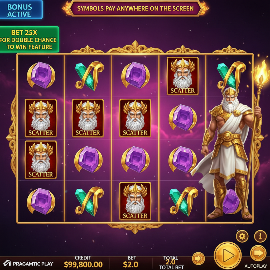 Five Zeus Scatter symbols visible across the Gates of Olympus 6x5 reel grid, each showing Zeus's face with white beard and golden crown, triggering the Free Spins feature